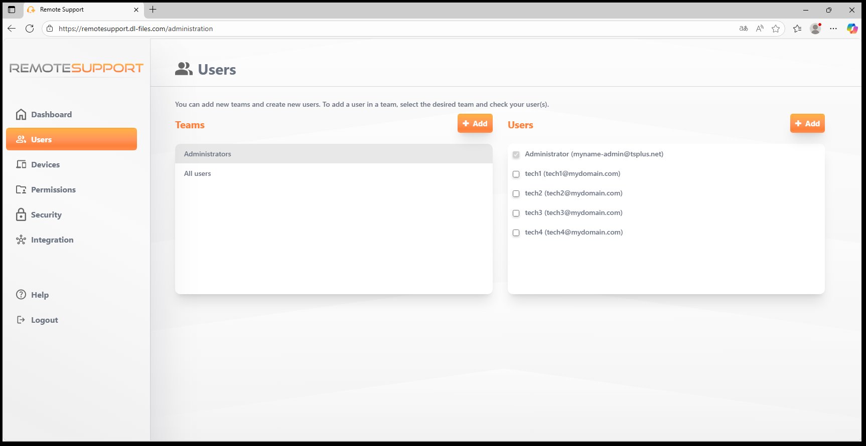 TSplus Admin Console with user and team management