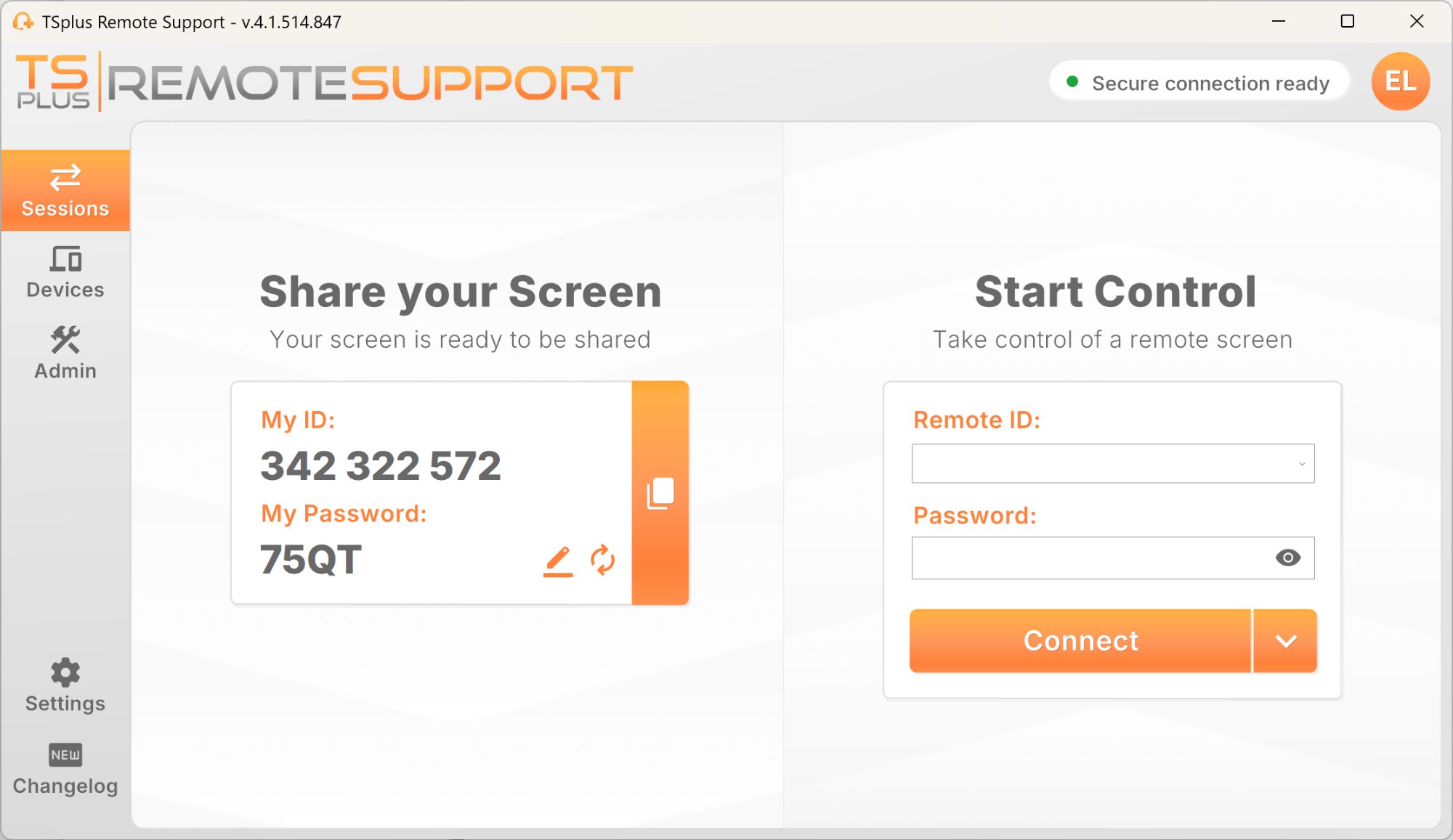 TSplus Remote Support session screen