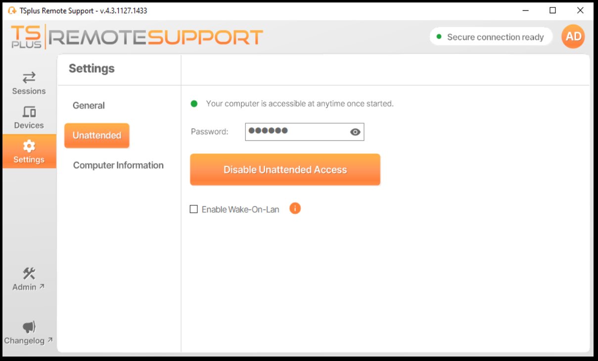 TSplus unattended access settings